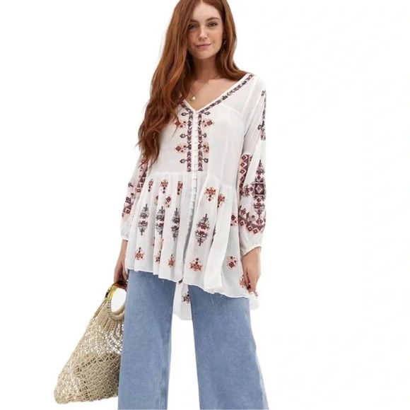 Free People Ariana White and Red embroidered tunic top size X Small - Picture 1 of 13